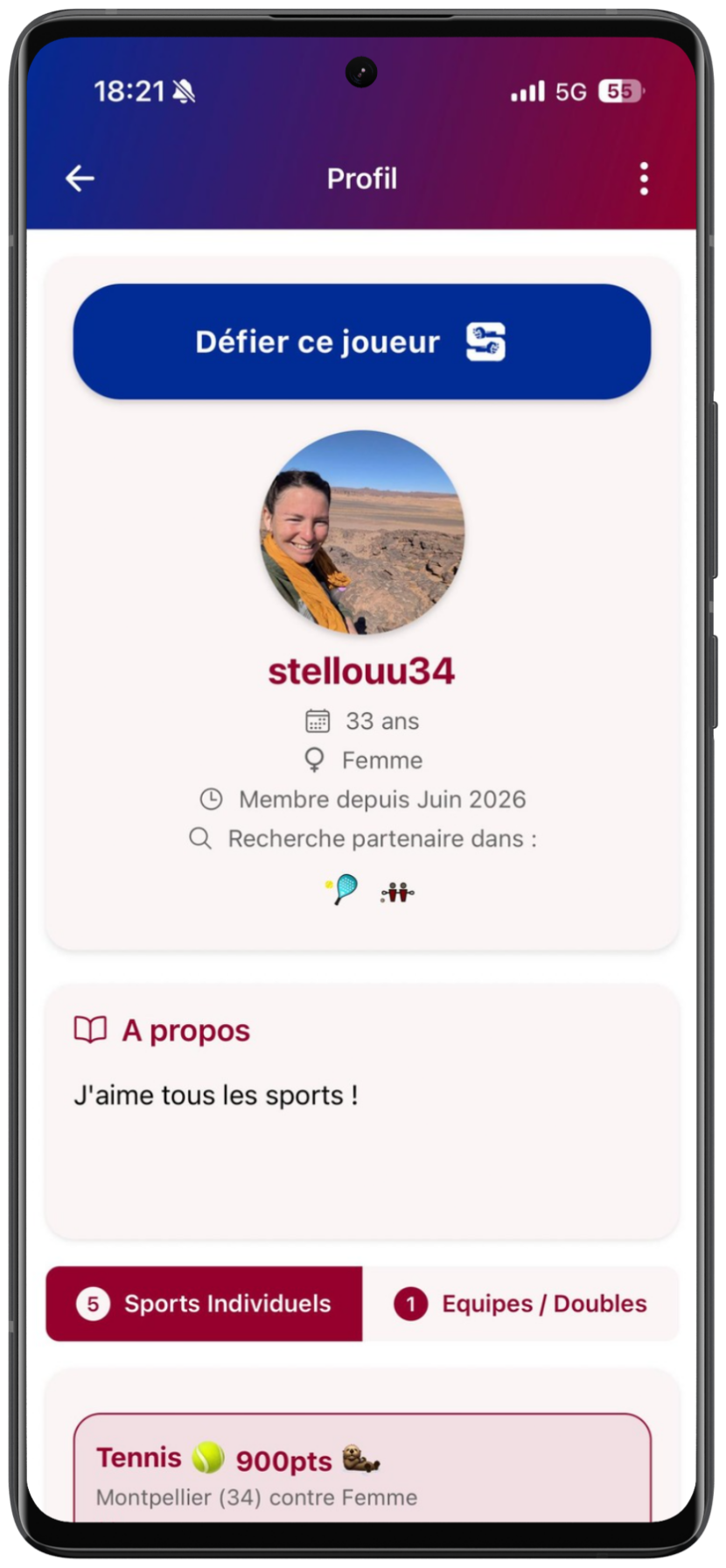 Écran Stadly permettant de trouver des adversaires